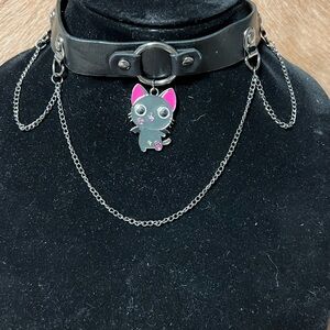 Black Choker with Cat Charm and Chains
